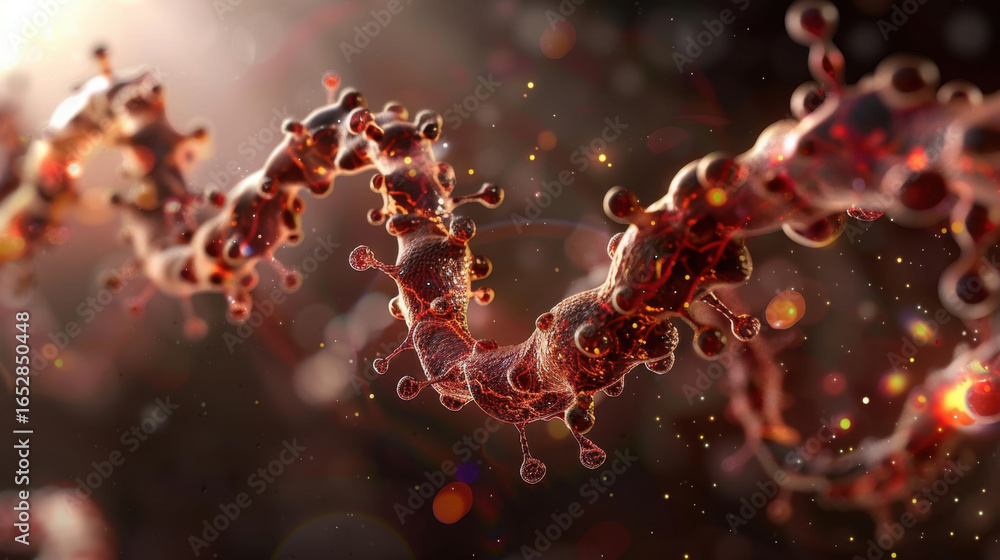Poster digital representation of dna strand with intricate details, showcasing vibrant and dynamic structur