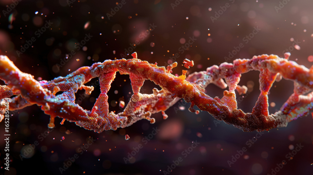 Poster vibrant and intricate representation of dna double helix, showcasing its complex structure with colo