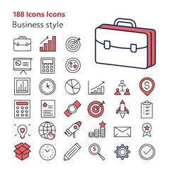 Business style icon set with briefcase, graph, target, presentation, calculator, pie chart, clock, diagram, team, location, document, watch, rocket isolated on white background