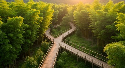 Elevated wooden pathway splits into two directions amidst a lush green bamboo forest, sunlight.