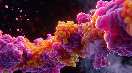 Obraz premium Colorful abstract representation of microscopic organisms, showcasing vibrant hues of pink, orange, and purple. intricate details create sense of depth and movement, evoking curiosity and wonder
