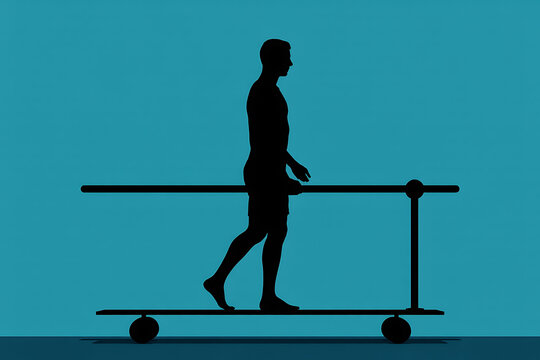Silhouette of a man walking on parallel bars, perfect for health, fitness, rehabilitation, and therapy concepts, highlighting strength and recovery