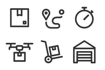 Modern Outline Icons for Logistics and Delivery Services: Package, Route, Stopwatch, Drone, Trolley, Warehouse - Dark Background Collection