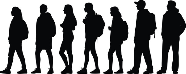 Silhouettes of diverse young people walking with backpacks, urban outdoor lifestyle, travel adventure, friendship, teamwork, casual fashion, hiking, 