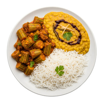 Hearty Parval (pointed gourd) and Dal (lentil) Curry with steamed rice, garnished with ginger and coriander, served on a white plate isolated on a transparent background 