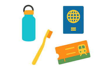 Essential travel items including a water bottle, toothbrush, passport, and train ticket, presented with a glowing effect against a dark background, symbolizing preparation for a journey.