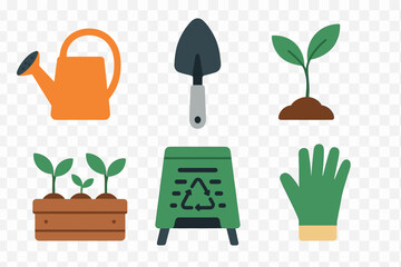 Collection of gardening tools and plants, including a watering can, trowel, seedlings in a planter, a recycling sign, and a protective glove, presented in a flat design style.