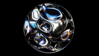 Reflective metallic sphere with fluid blue, gold, and silver shapes on black background.