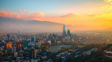 Obraz premium Breathtaking Santiago skyline at sunset celebrating chilean independence day. Horizontal banner. Copy space. Chile National Day. Postcard from Chile