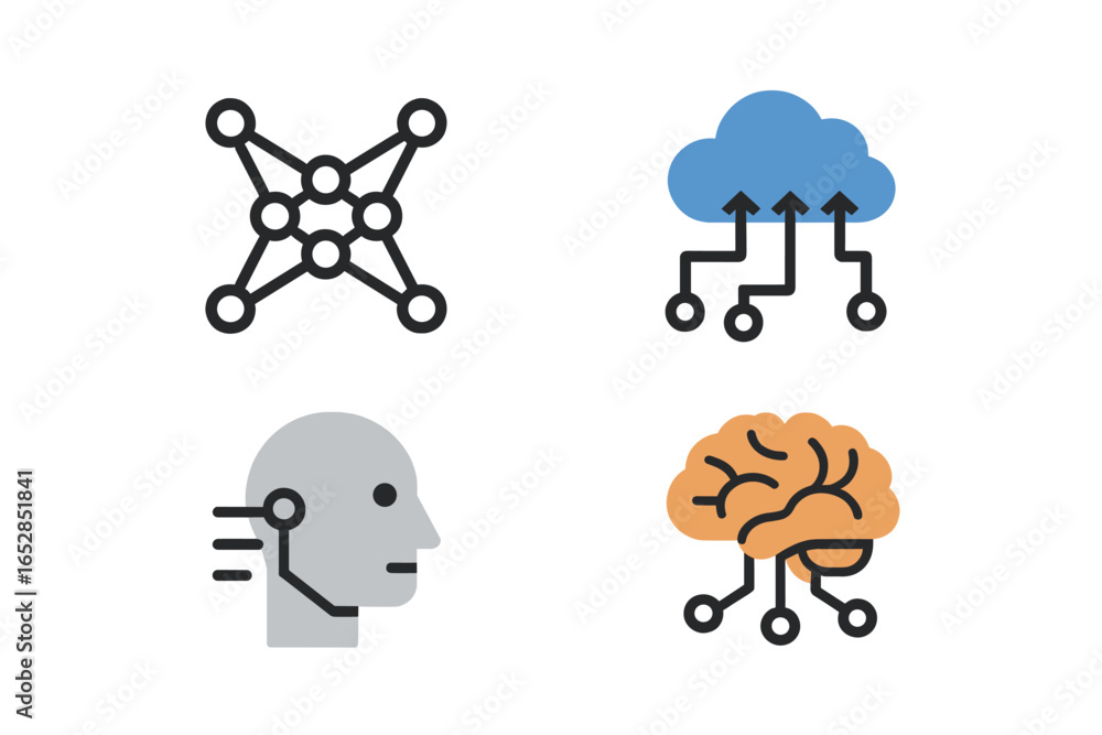 Poster abstract conceptual icons symbolizing artificial intelligence, machine learning, neural networks, an