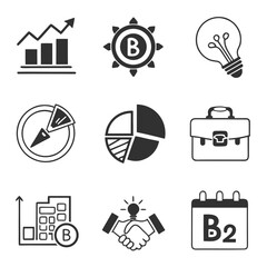 Set of business and finance icons isolated on white background, depicting various concepts related to business, marketing, finance, and economic activity