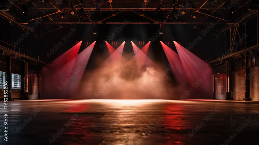 Poster dramatic stage setting with vibrant red and white lights illuminating foggy atmosphere, creating int