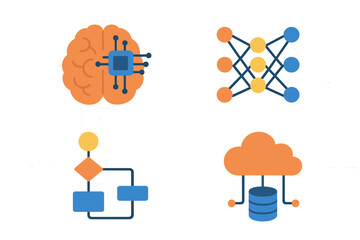 Abstract visualization of artificial intelligence, machine learning, data processing, and cloud computing, featuring interconnected neural networks and data flow diagrams in a modern digital art styl