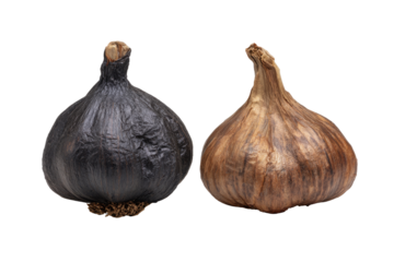 Two whole black garlic bulbs, one dark, the other a deep brown, positioned side-by-side against a pure black background.  The bulbs have a wrinkled, textured skin