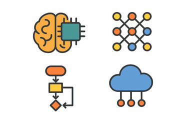 Modern Flat Icons for Artificial Intelligence, Machine Learning, Neural Networks, and Cloud Computing Concepts in Technology and Digital Transformation - Perfect for Presentations and Web Design Need