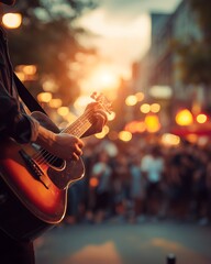 Fototapeta premium Close-up of hands playing acoustic guitar at outdoor event with blurred crowd and evening lights in the background.