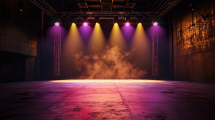 Obraz premium Vibrant stage setting illuminated by colorful lights, featuring smoky atmosphere that enhances dramatic effect. combination of purple, yellow, and orange lights creates inviting ambiance