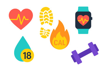 Health and Fitness Tracking Icons: Heartbeat, Footprint, Calorie Burn, Dumbbell, and Smartwatch Symbols for a Healthy Lifestyle and Activity Monitoring on a Dark Gradient Background