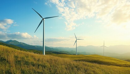 Obraz premium Wind Turbines Harnessing Renewable Energy Under Clear Blue Skies To Generate Electricity, Promoting Sustainable Conservation Of Energy Resources.