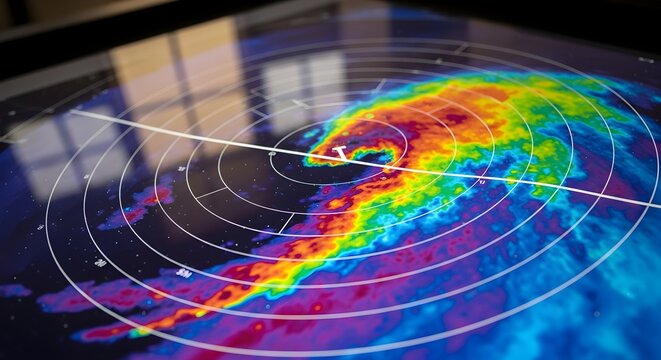 A colorful weather radar or heat map displayed on a screen with a radial grid overlay and a "T" symbol in the center.