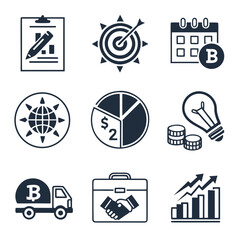 Set of business and finance icons isolated on white background, depicting various aspects of business, marketing, and financial management in a flat design style