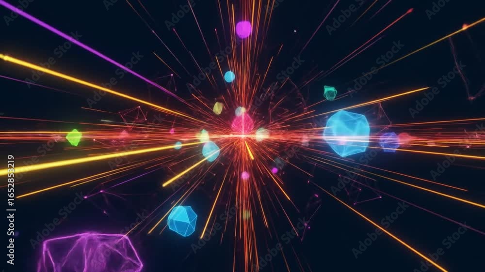 Poster flying through abstract data stream with geometric shapes