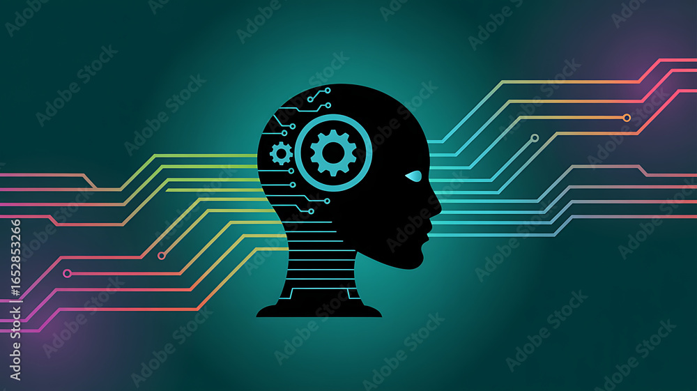 Poster silhouette of a human head with glowing gears and circuits inside representing artificial intelligen