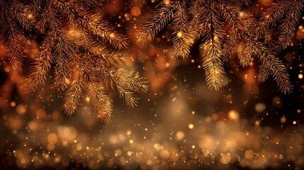 Golden Christmas tree branches with sparkling festive lights and glowing bokeh background creating warm holiday