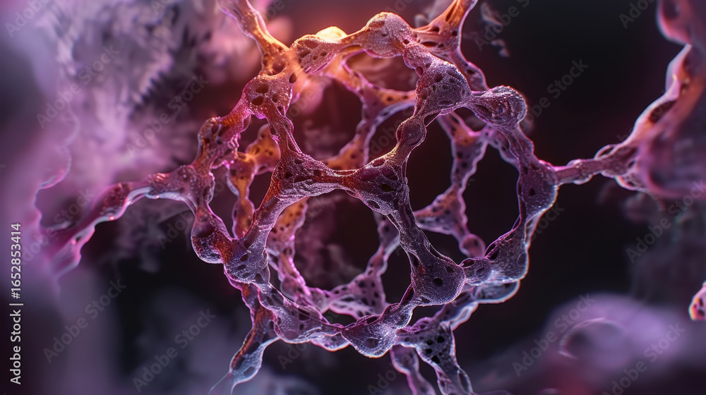 Poster intricate molecular structure showcasing vibrant colors and textures, representing complexity of bio