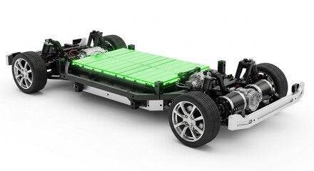 Electric Vehicle Battery Pack with Green Cells and Modern Chassis in White Background