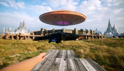 Alien spacecraft hovering over a ruined alien city