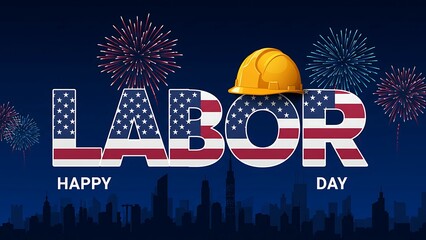 Happy labor day with american flag text and fireworks