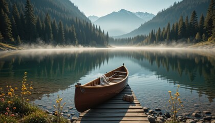 Obraz premium A peaceful lake with a canoe and mountains in the mist