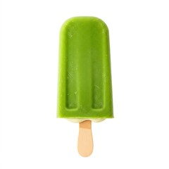 A simple, bright green popsicle on a wooden stick stands upright, casting a shadow on a white background.
