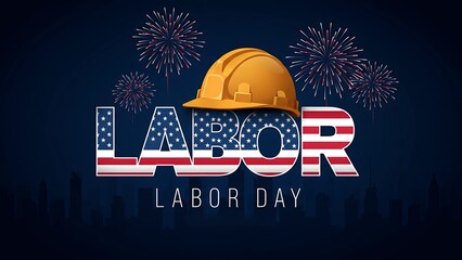 Labor day celebration with american flag text and hard hat