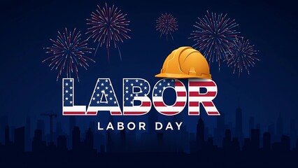 Labor day celebration with american flag text and fireworks
