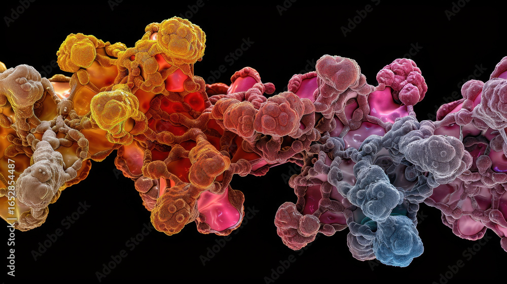 Poster molecular structures display vibrant colors and intricate patterns, showcasing beauty of microscopic