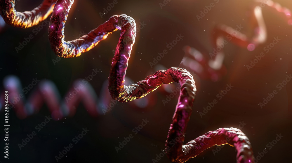 Poster close up view of molecular structure, showcasing twisted, helical form with vibrant colors and intri
