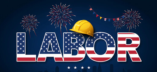 Labor day celebration with american flag text and fireworks