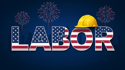 Labor day celebration with american flag text and fireworks