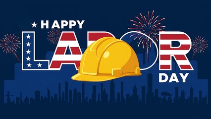 Happy labor day with hard hat and fireworks