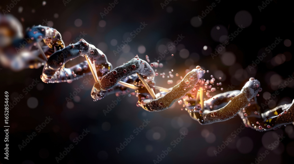 Poster close up view of dna double helix structure, showcasing intricate details and shimmering effect, sym