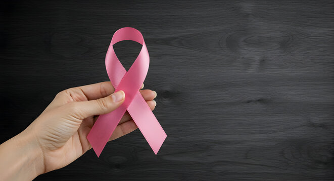 Hand Holding Pink Ribbon Symbolizing Awareness and Support for Breast Cancer Awareness Month in a Community Health Campaign