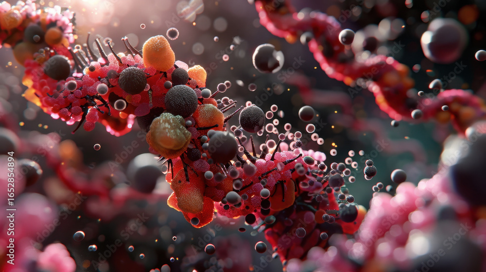 Poster vibrant and intricate representation of molecular structures, showcasing dynamic arrangement of colo