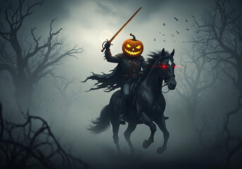 A headless horseman with a pumpkin head riding a black horse in a spooky forest at night time