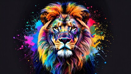 Realistic lion portrait with vibrant, multicolored mane on dark background.
