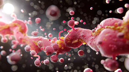 Vibrant and intricate depiction of microscopic organisms, showcasing colorful strand intertwined with various cellular structures. image captures dynamic movement and complexity of life