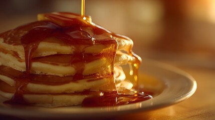 A stack of golden pancakes, dripping with rich, amber syrup, is highlighted by the warm light.