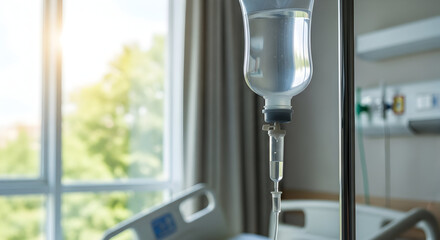 Medical IV Drip Standing Calmly Inside A Hospital Room With Natural Light Coming Through The Window In A Healing Healthcare Environment