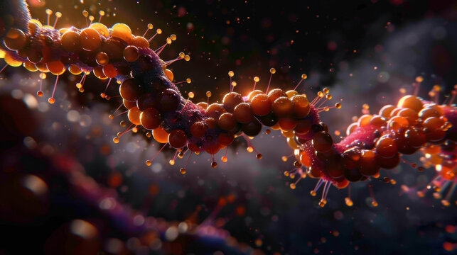 Vibrant and intricate representation of molecular structures, showcasing colorful spheres connected by strands, symbolizing complexity of biological systems. image evokes sense of wonder
